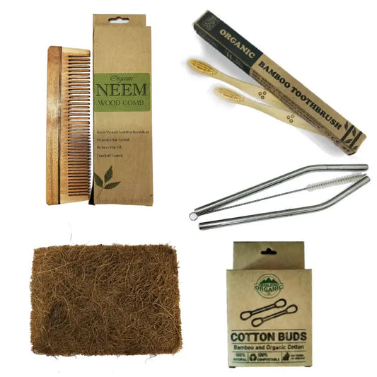 Home Sustainable Combo | Neem Comb | Bamboo Brush x 2 | Coconut Dishwasher | Cotton Earbuds | Steel Straw with Cleaner |