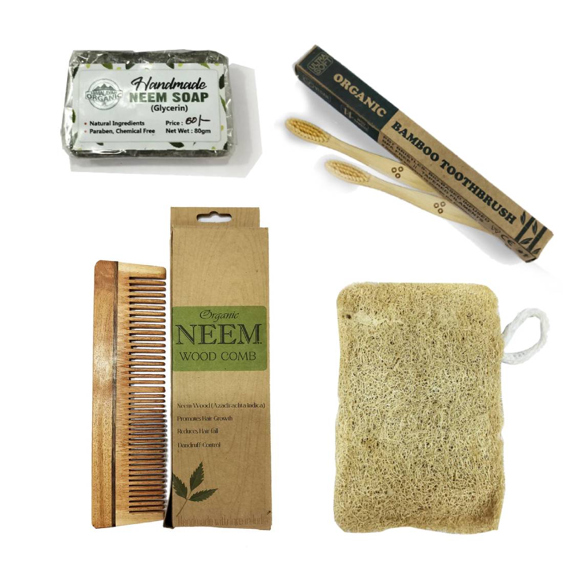 Sustainable Combo-1 | Neem Comb | Bamboo Brush x 2 | Rectangular Loofah | Neem Soap|