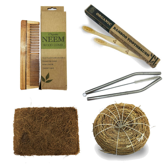 Home Sustainable Combo | Neem Comb | Bamboo Brush x 2 | Coconut Dishwasher | Vetiver Scruber| Steel Straw with Cleaner |