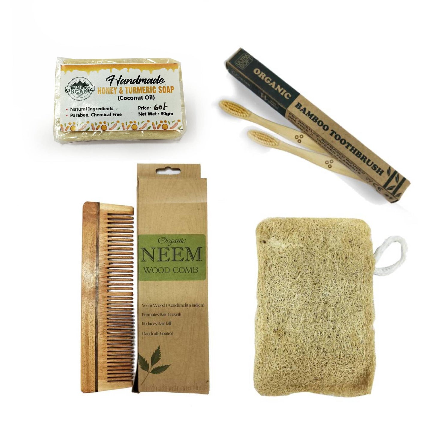 Sustainable Combo-2 | Honey Turmeric Soap | Neem Comb | Bamboo Brush x 2 | Rectangular Loofah |